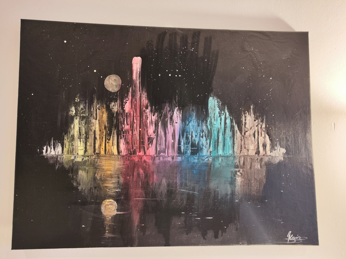 Moonlit Mirage – Original Acrylic Cityscape Moonlight Painting