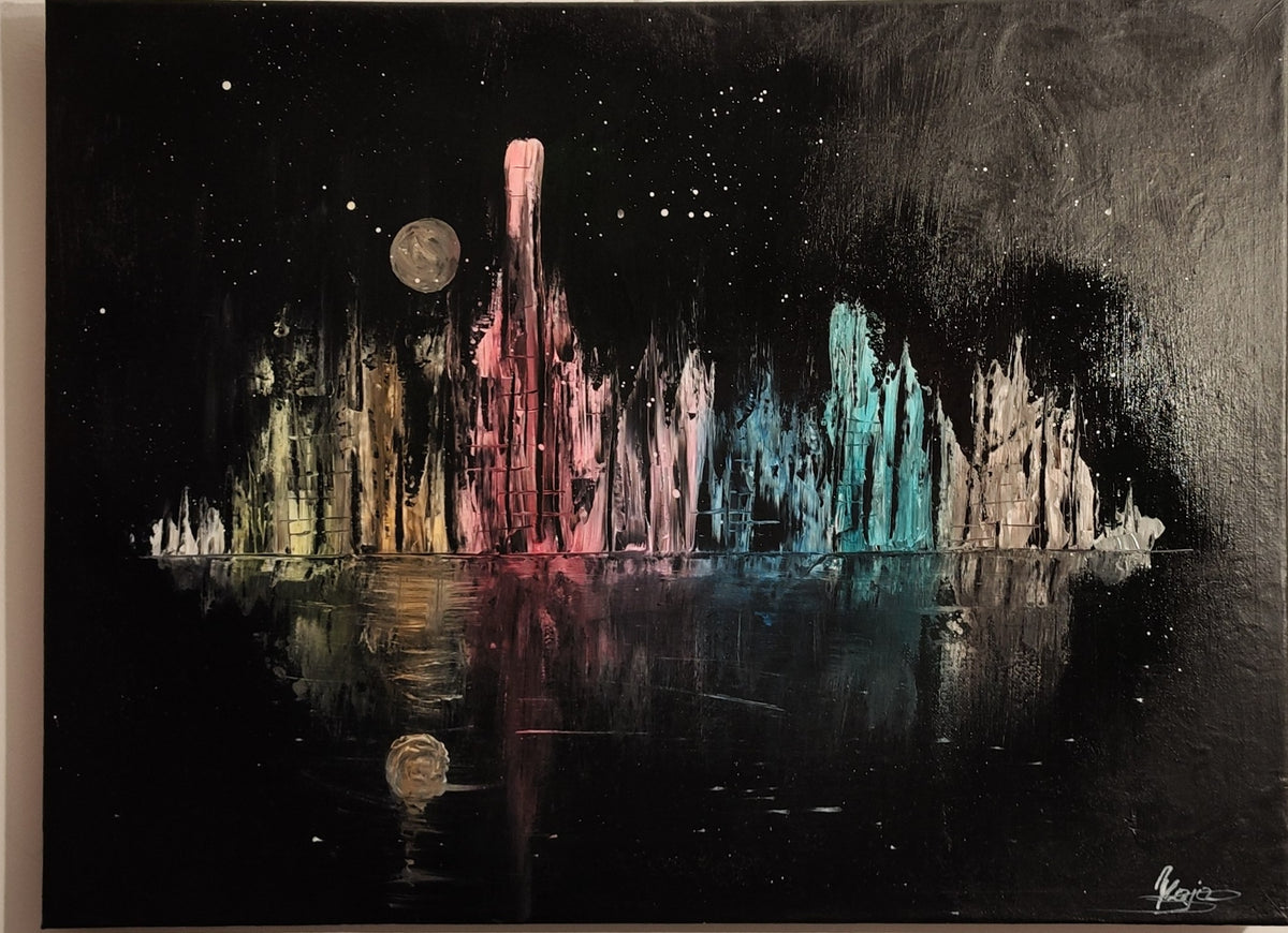 Moonlit Mirage – Original Acrylic Cityscape Moonlight Painting