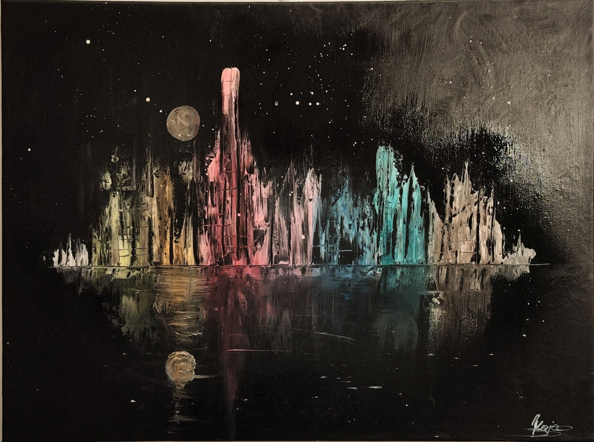 Moonlit Mirage – Original Acrylic Cityscape Moonlight Painting
