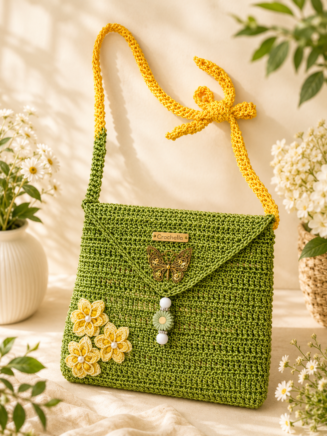 A crocheted shoulder bag in olive green with a bright yellow strap, decorated with yellow flowers and a butterfly embellishment on the front flap.