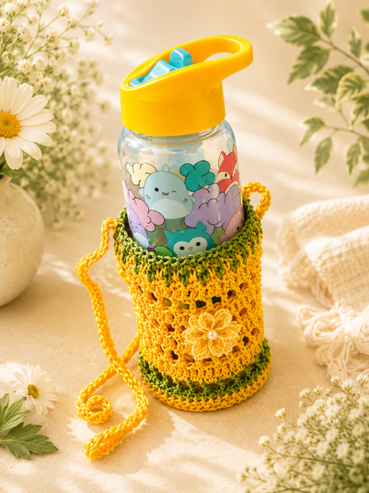 A clear water bottle with a yellow lid and cartoon animal print, nestled in a yellow crocheted sleeve with green trim and a small flower detail, styled on a beige fabric surface with flowers and a knitted textile around it.
