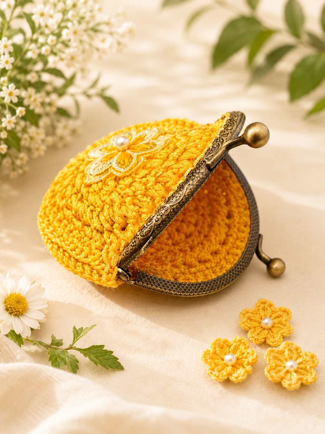 A small yellow crocheted coin purse with an antique bronze clasp, decorated with a white and yellow flower applique, displayed on a beige fabric background with daisy flowers and green leaves.